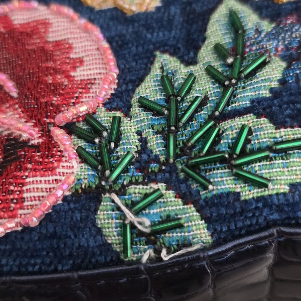 Mod X Navy Blue Floral Tapestry Embroidered Shoulder Bag Tote Silver Studded L - Picture 10 of 12